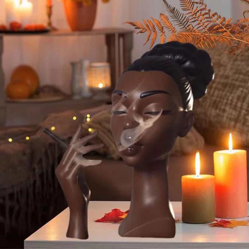 Black Woman Head Incense Burner Artistic Airflow Stand Decorative