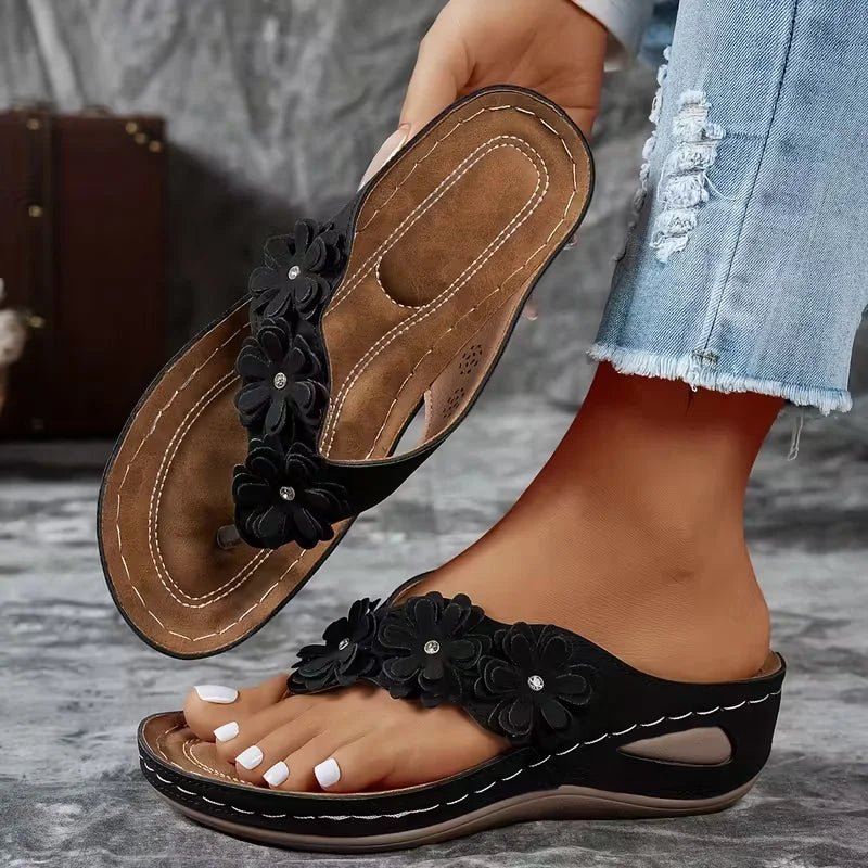 Women Slippers 2025 Slides Flowers Wedges Shoes Lightweight Platform Zpaxo black 42