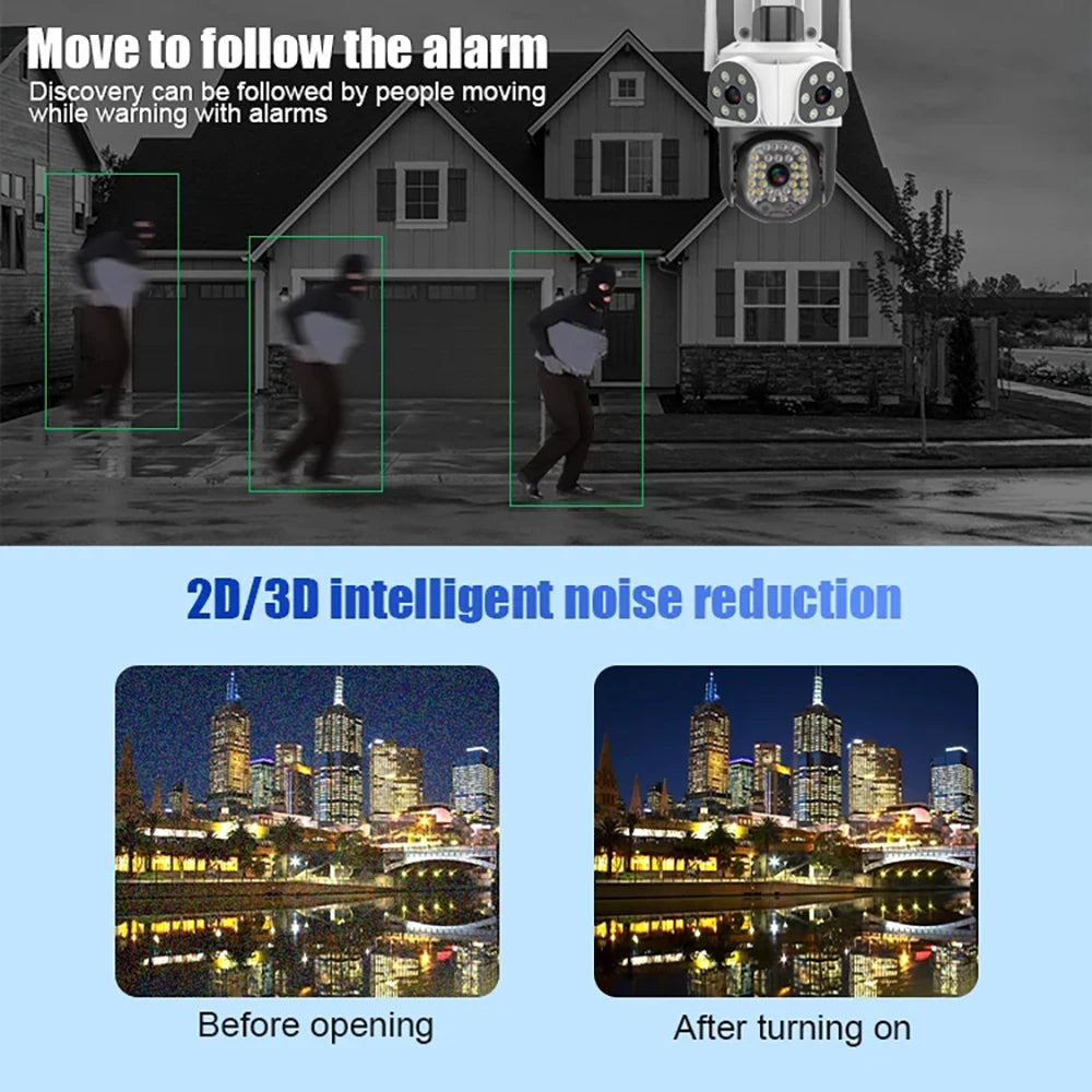 15MP WiFi Triple Len Security Camera PTZ Outdoor Cam Three Screens Motion Tracking 4X Zoom Color Night Vision Video Surveillance Zpaxo