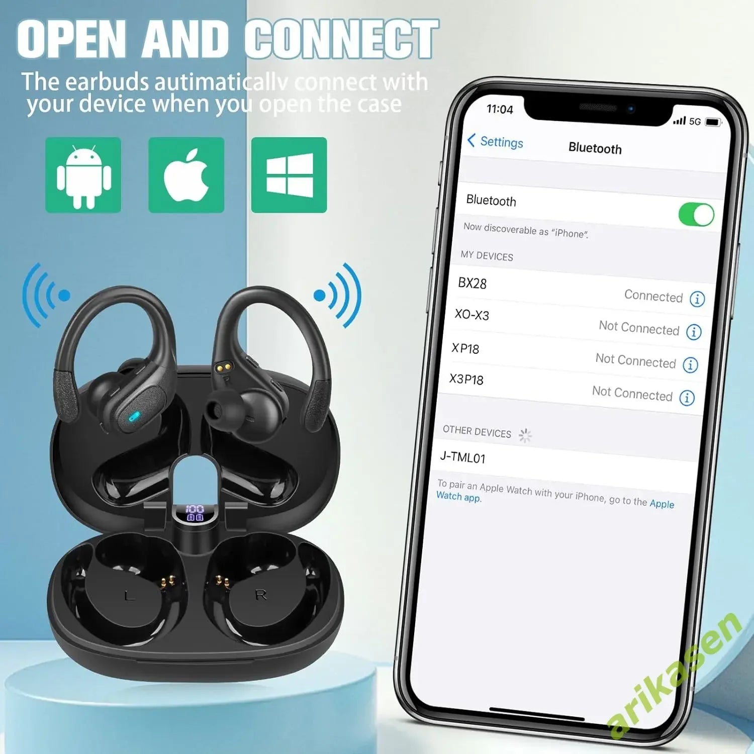 Bluetooth Headphones TWS Wireless Earbuds Over-ear Earpieces Mics LED