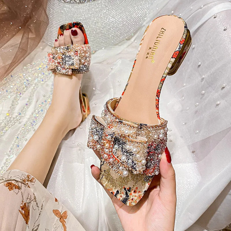 Slippers for Women 2025 New Summer Rhinestone Thick Heel Sandals for Women Fashion Flat Bottom for Women Outside Sandals Zpaxo Red 39