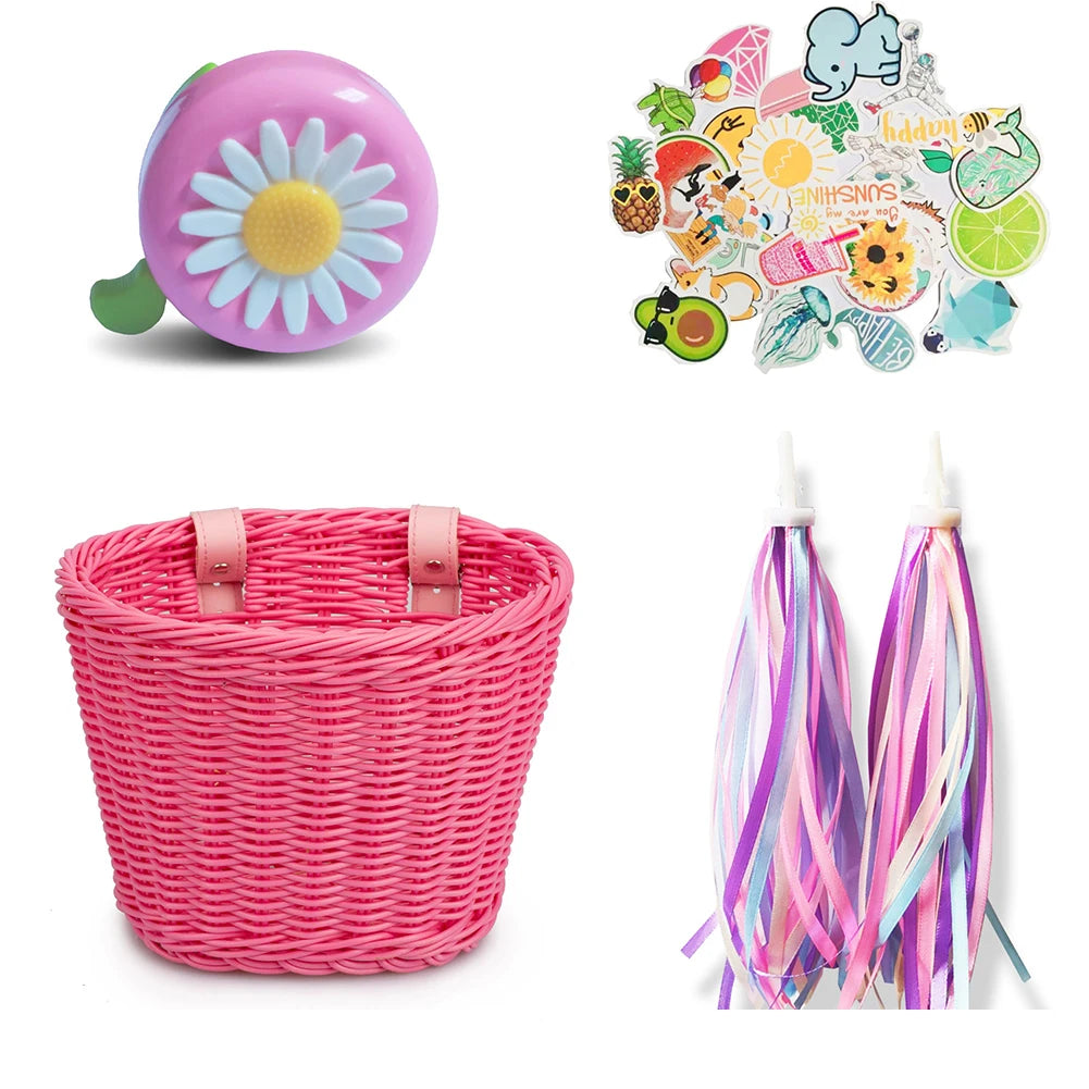 Rainbow Bicycle Basket+bell+tassel+stickers Kid Front Handlebar Zpaxo Pink 1set