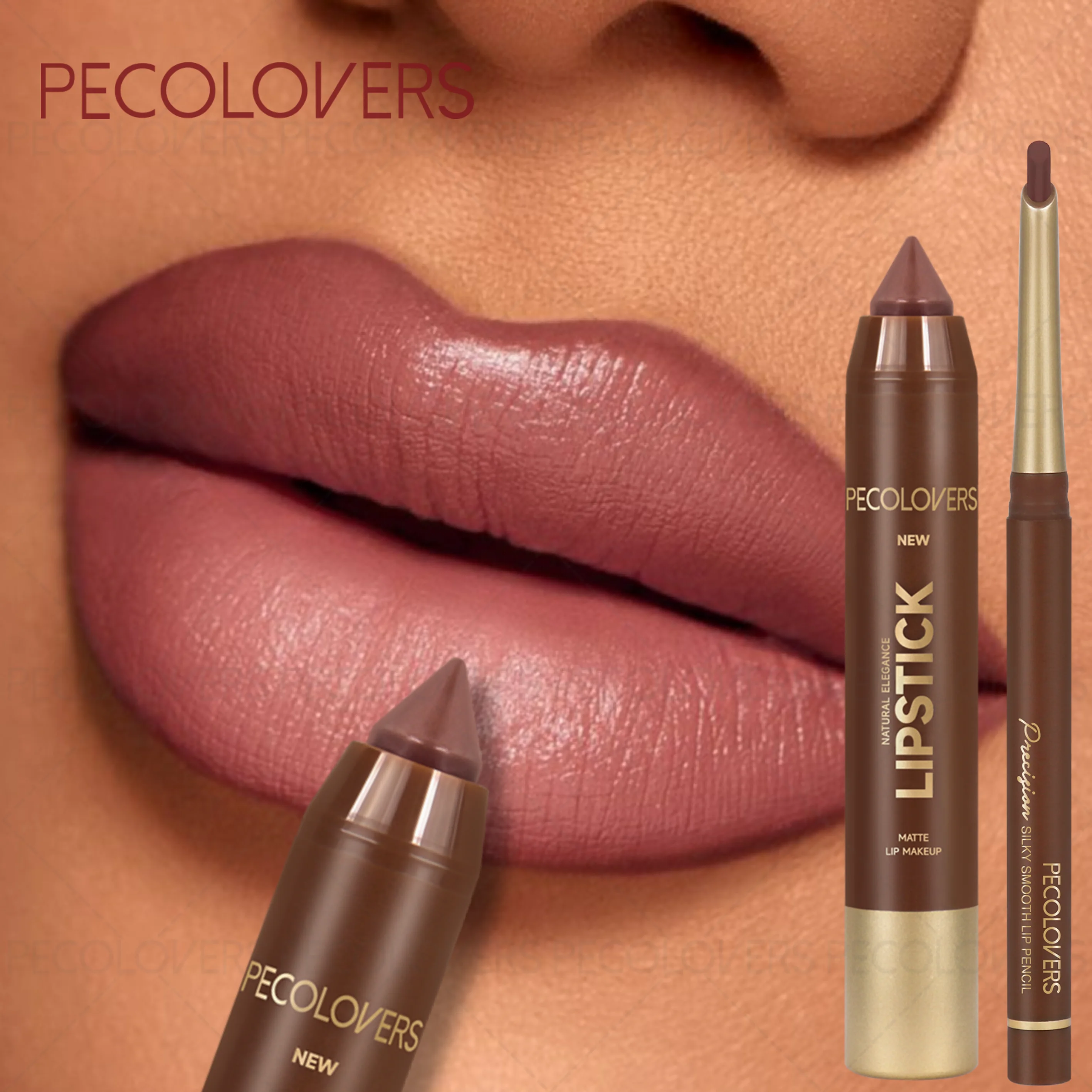 Long-lasting Brown Tube Lipstick Pen& Velvet Lip Liner Pencil Zpaxo