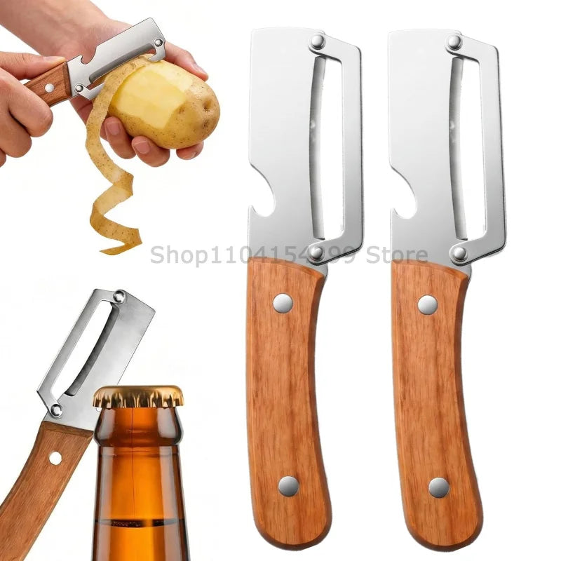 New Paring Knife Ergonomic Wood Handle Knife Stainless Steel Vegetable Peeler with Wooden Handle 2-in-1 Fruit Potato Peeler Zpaxo wood Peeler-2PCS
