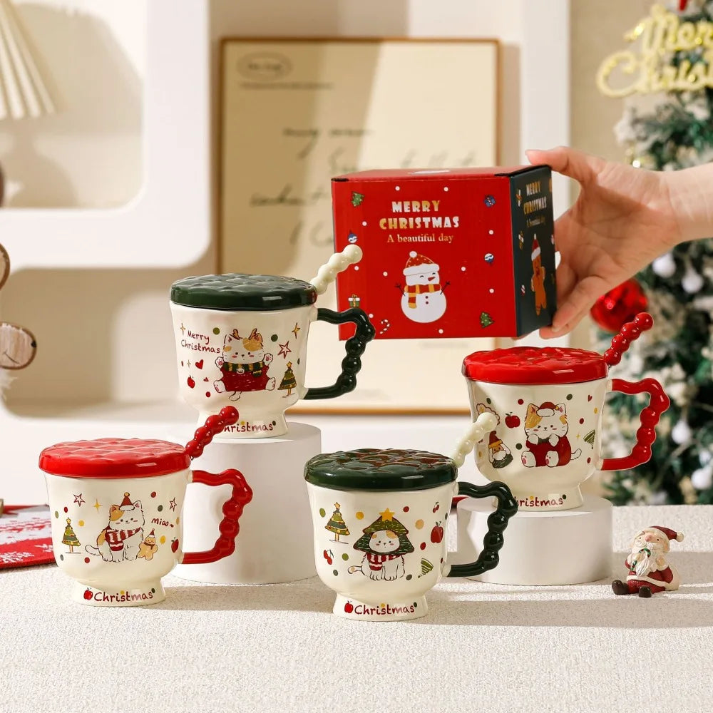 Christmas Cat Appearance Level Mark Ceramic Water Cup Lid Spoon Cute
