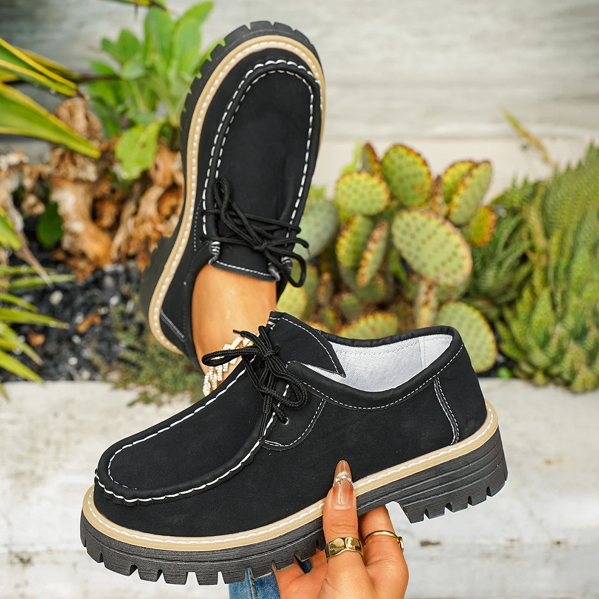 Woman Loafers Round Toe Rubber Outsole Sneakers Women Retro Autumn Large Size Shoes Ladies Casual British Style Thick Heel Shoes Zpaxo black 40