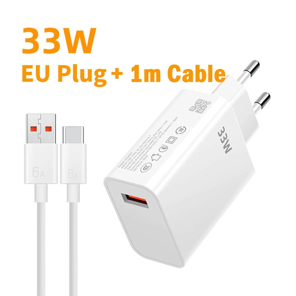 33W USB Fast Charger & 6A USB-C Cable | QC 3.0 Compatible USB Fast Charger Zpaxo EU Plug 1m Cable