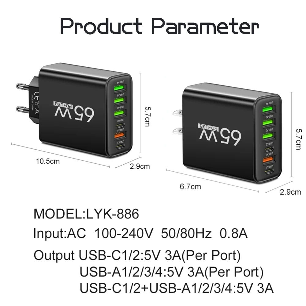 USB C Charger Total 65W PD Fast Charging Mobile Phone Type C Multiple 6 Ports Wall Adapter for iPhone 15 Xiaomi Huawei Samsung Zpaxo