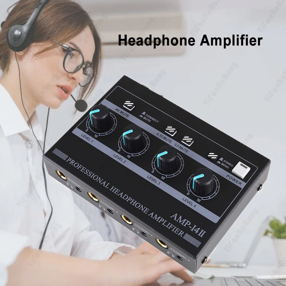 4 Channel Professional Headphone Amplifier Support Mono/Stereo Audio Amp with RCA & 3.5mm & 6.35mm Input for Studio and Stage Zpaxo