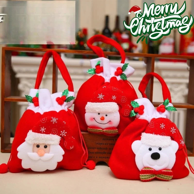 Reusable Christmas Bags Drawstring Santa Reindeer Snowman Design