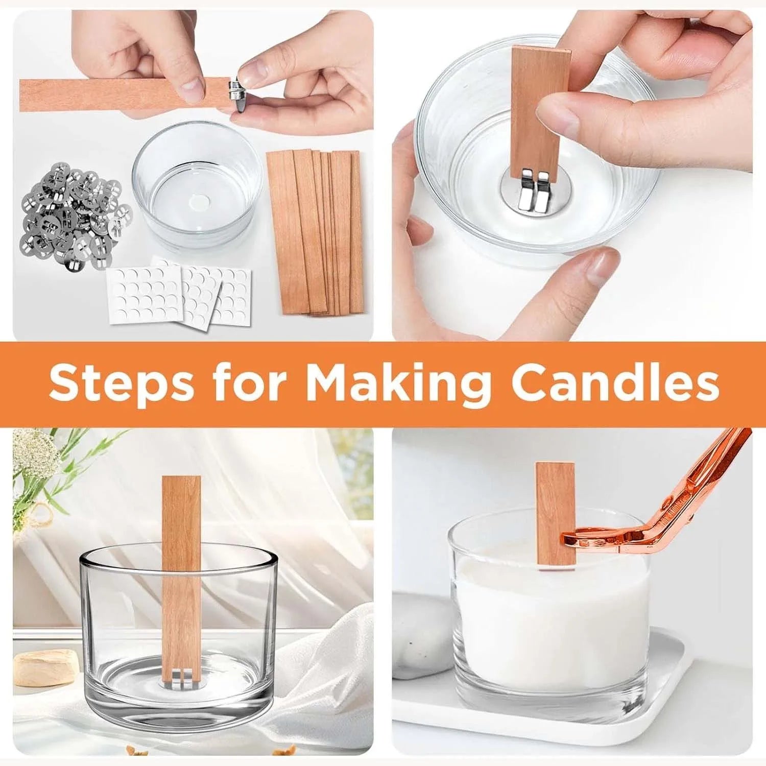 50pcs Set Wooden Candles Wick DIY Candle Making Kit Smokeless Candle Core with Clip Base Handmade Candle Wood Core Candlewick Zpaxo
