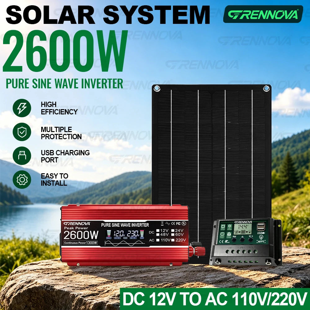 Portable Solar Generator System Complete Kit with 50W Panel 60A Controller 2600W Peak Pure Sine Wave Inverter DC12V To 110V 220V Zpaxo