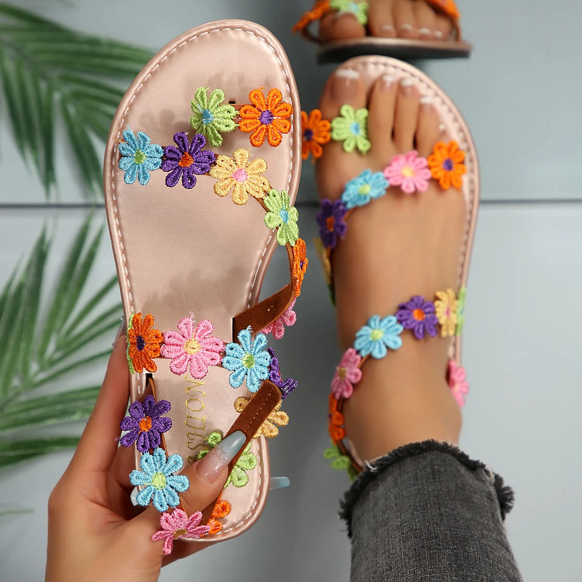 Summer Women Sandals Bohemian Lightweight Flower Flat Outdoor Open Zpaxo Rose Gold 40
