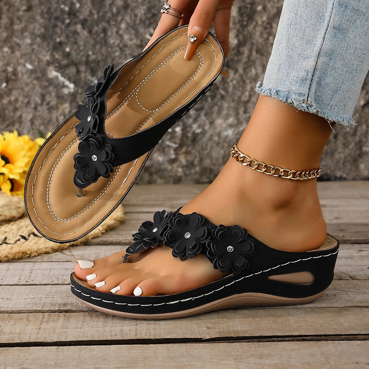Women Slippers 2025 Flowers Wedges Shoes Lightweight Platform Flip Zpaxo black 43