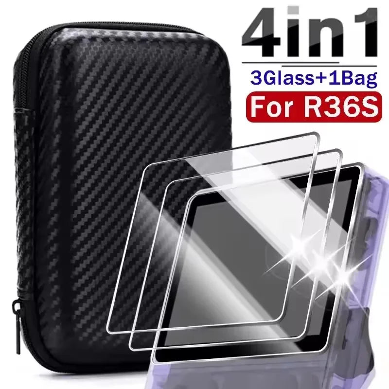 4-in-1 HD R36S Screen Protector & Carrying Case Bundle with Anti-scratch Shockproof for R36s Open Source Arcade Game Console Zpaxo Bag with 3 film