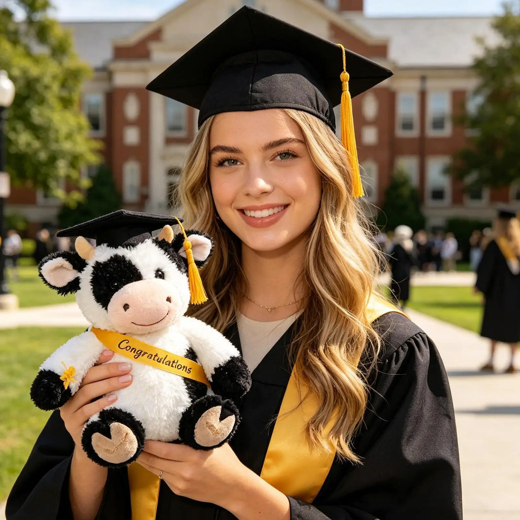 Cow Stuffed Animal 9 Inch Cute Soft Collectible Decor With Hat Graduation Plush For School Preschool Grade College High School Zpaxo