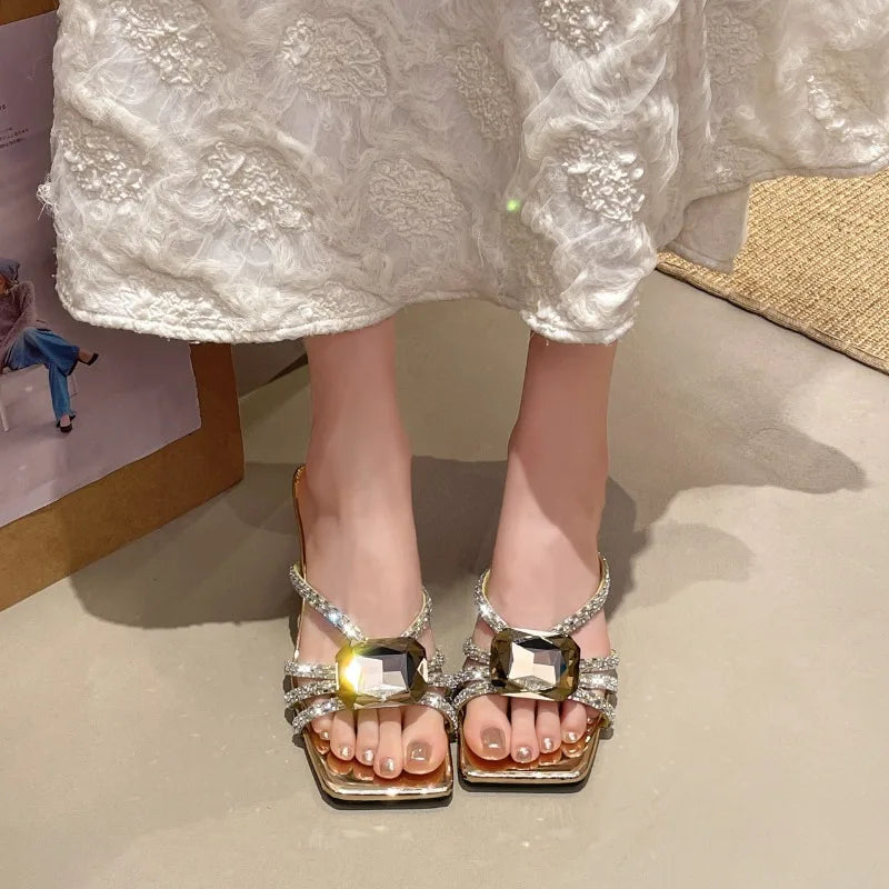 Square Open Toe Rhinestone Embellishment Anti Slip Wear-resistant Zpaxo