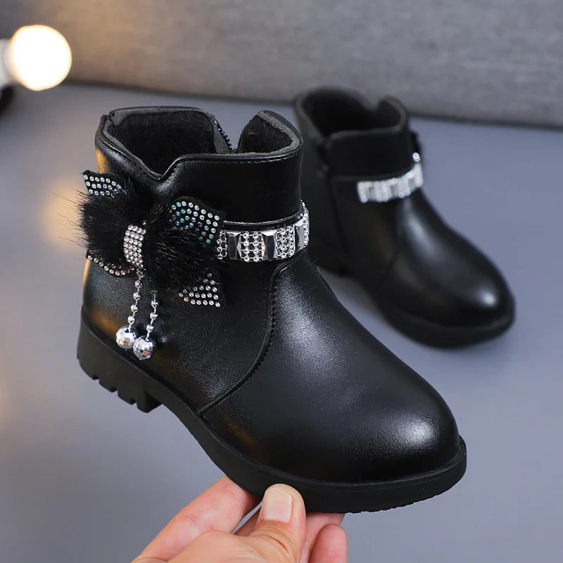 Winter Children's Shoes Girl Mid Length Warm Leather Boots Baby Bow Zpaxo