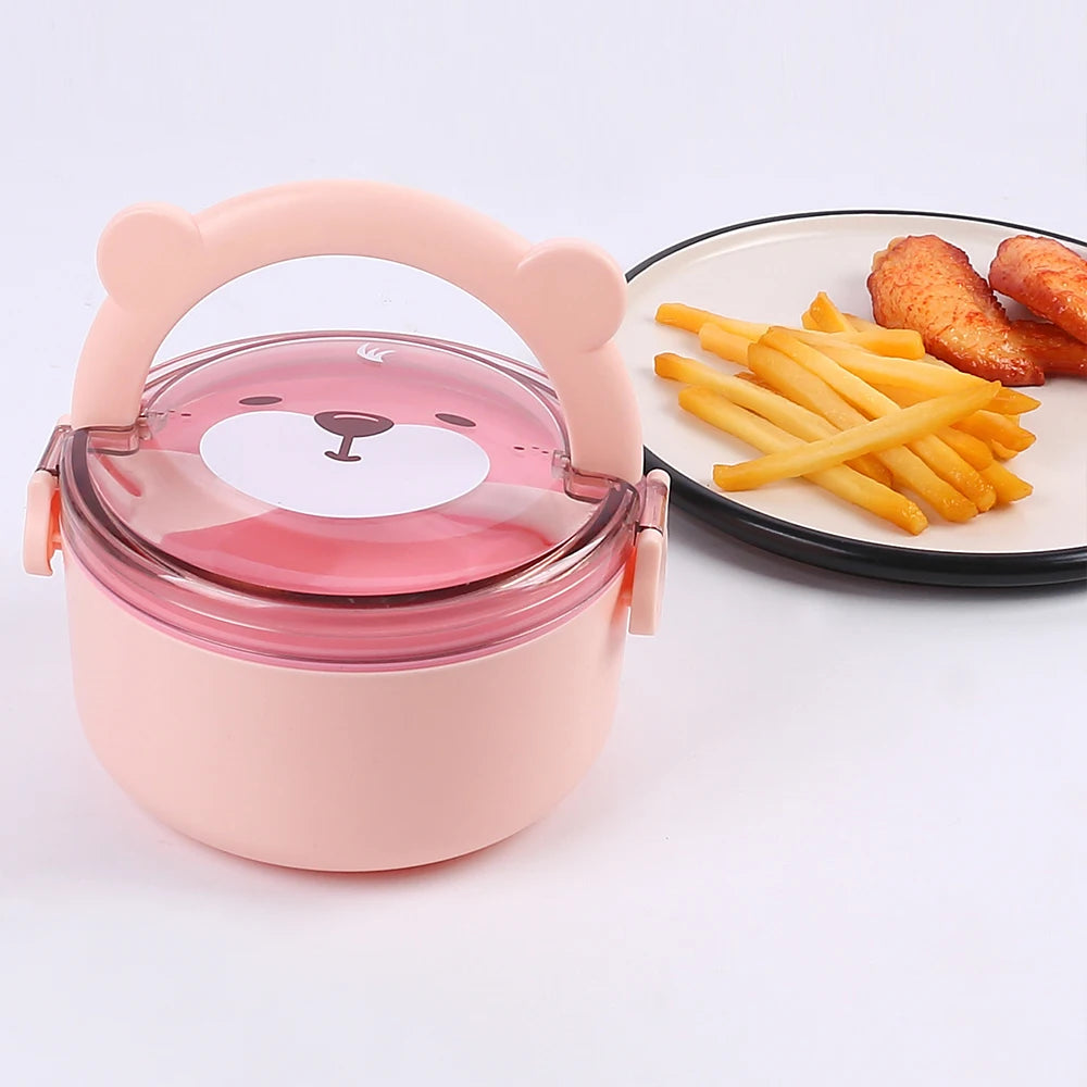 Cartoon Bear Lunch Box Microwave Safe Portable Leakproof Food Container with Utensils for Kids Students Adults Zpaxo
