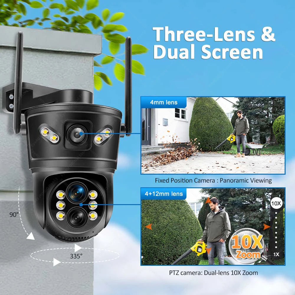6K 12MP WiFi Camera Outdoor 10X Zoom Three Lens Dual Screen 8MP Security Cam Auto Tracking CCTV Video Surveillance PTZ Cameras Zpaxo