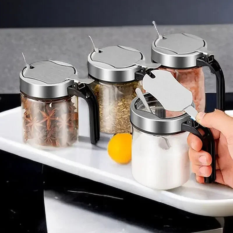 300ml Glass Seasoning Jar Stainless Steel Lid With Spoon Condiment Bottle Salt Shaker Kitchen Supplies Storage Set Spice Boxes Y Zpaxo