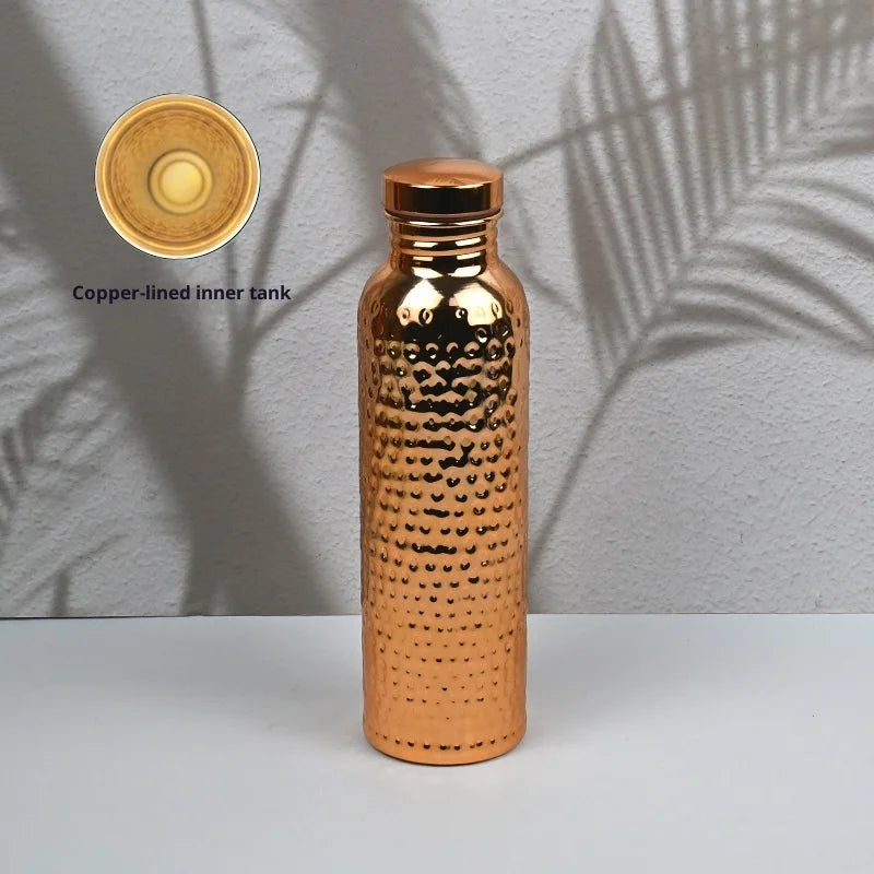 New 800ML Electroplated Copper Water Bottle One-Click Open Lid Stainless Steel Hammer Pattern Cup Sports Water Bottle Zpaxo Gold plating 800ml
