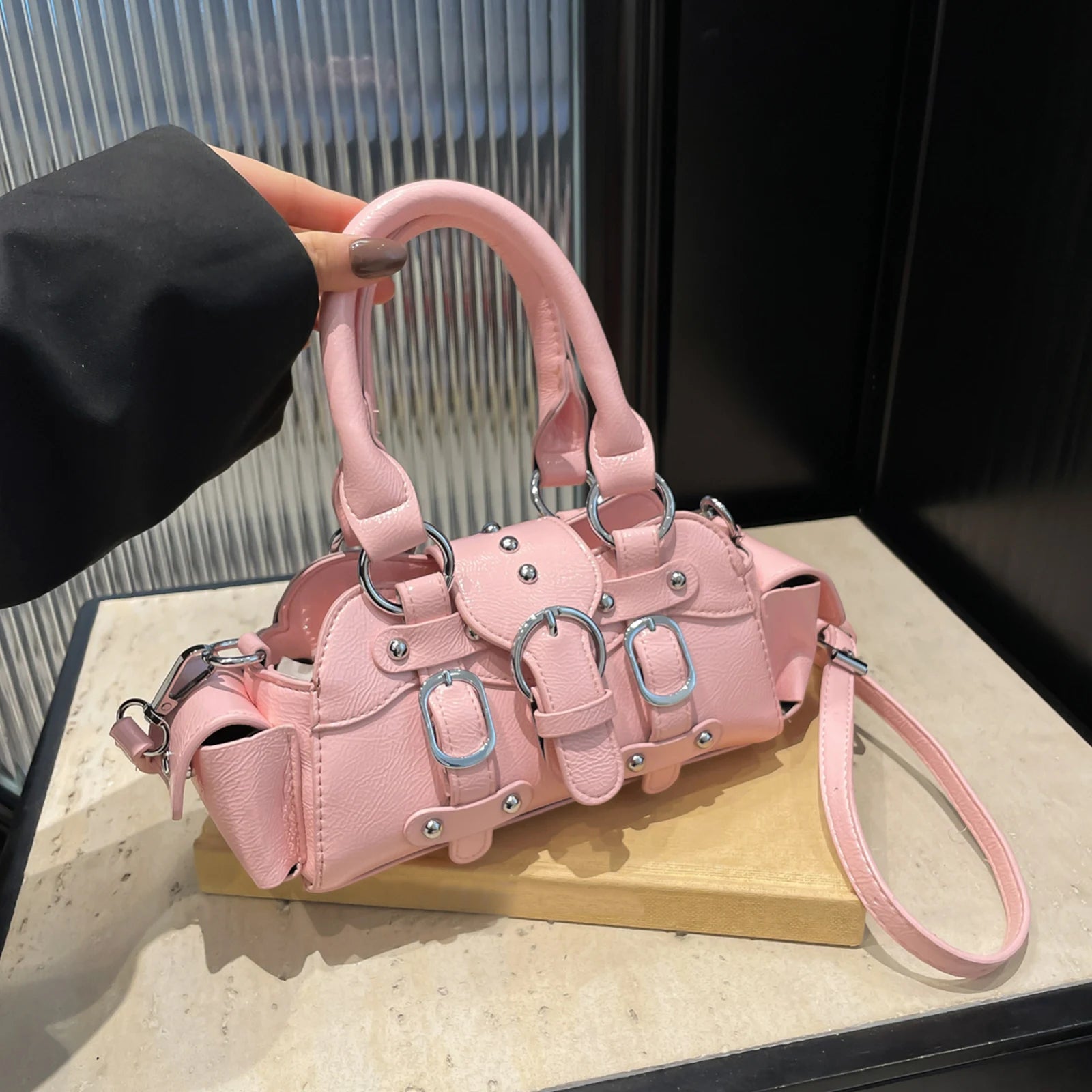 Women Girls PU Leather Solid Shoulder Bag Zipper Studded Handbag
