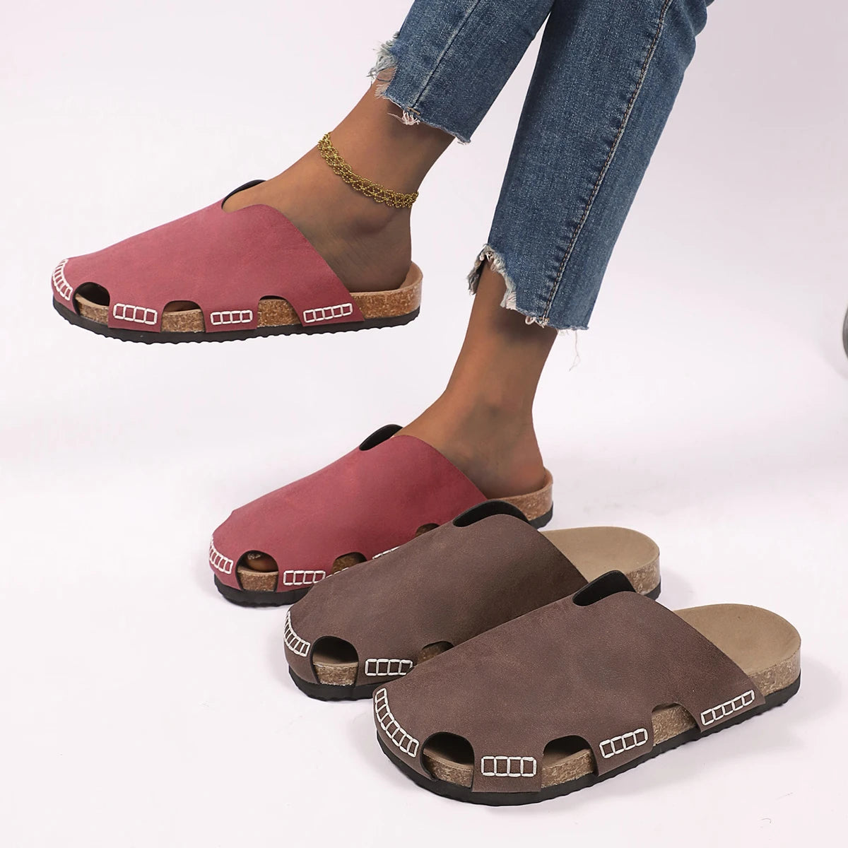 Women Slippers Retro Cork Flat Sandals Summer Outdoor Minimalist Shoes Comfortable Casual Beach Slippers Flip Flops Slides Women Zpaxo