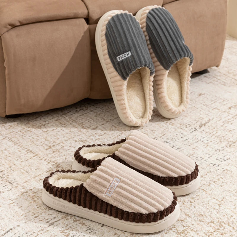 Cotton Slippers Women Men Winter Home Striped Warm Anti Slip Slides