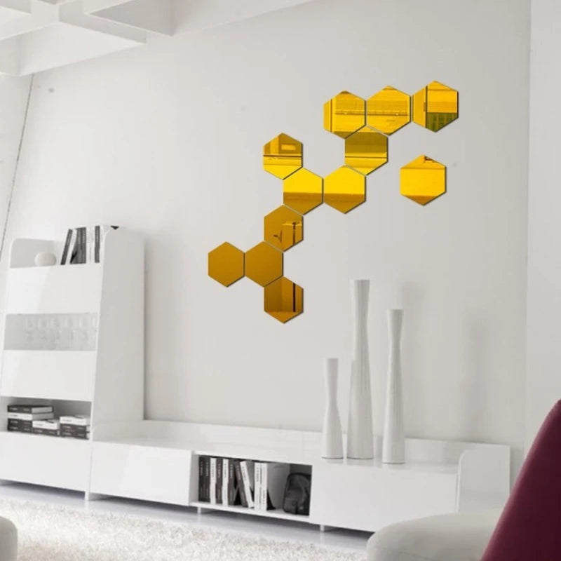 Lot Removable Geometric Mirror Wall Stickers Solid Hexagonal Shape