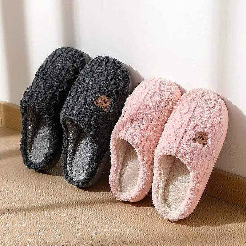 Winter Fluffy Shoes Women Cotton Slippers Cartoon Bear Thick Sole