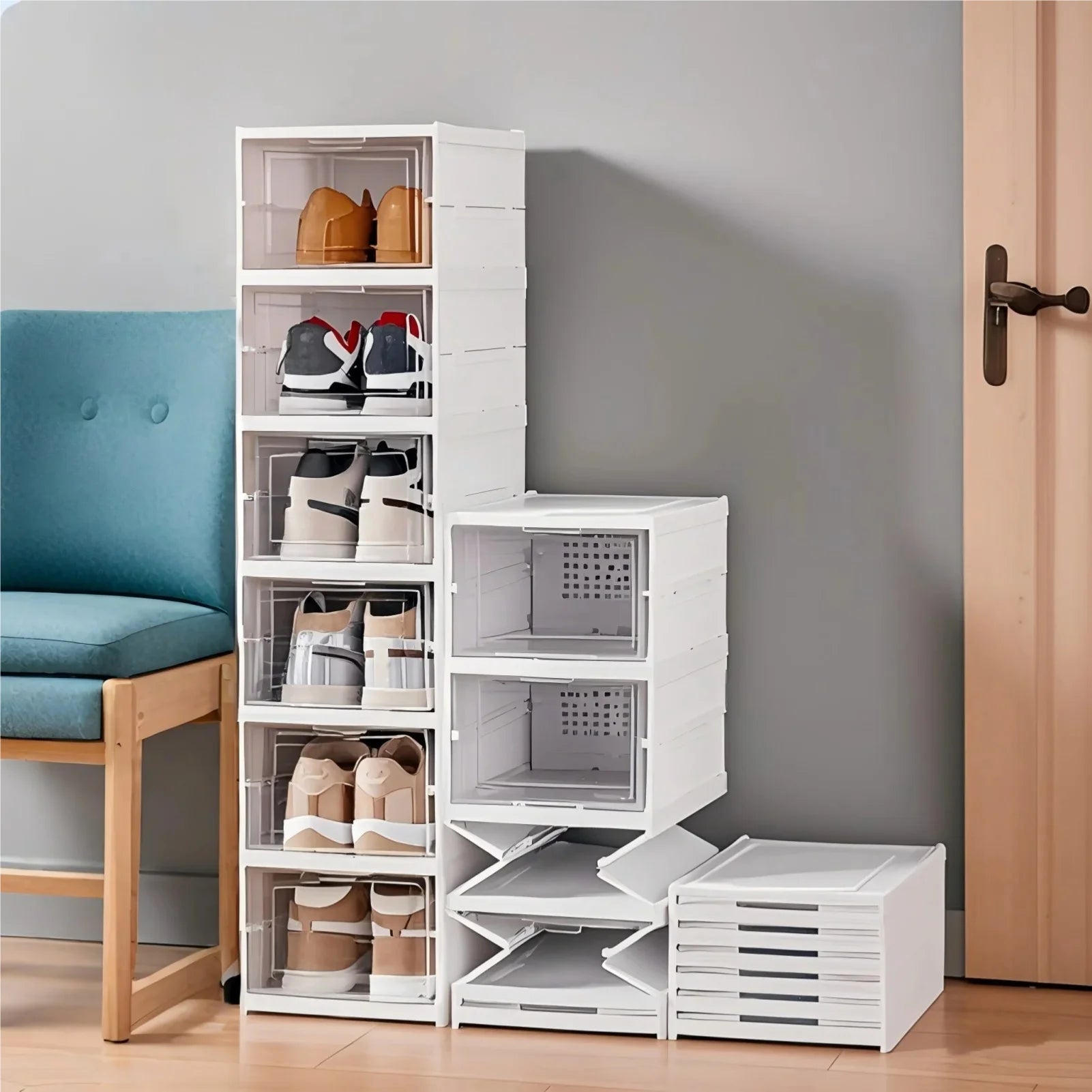 Shoes Storage Box Foldable Transparent Sneaker Shoe Organizers Cabinet Stackable Dustproof High-top Cabinet Shoe Rack Shelf Zpaxo