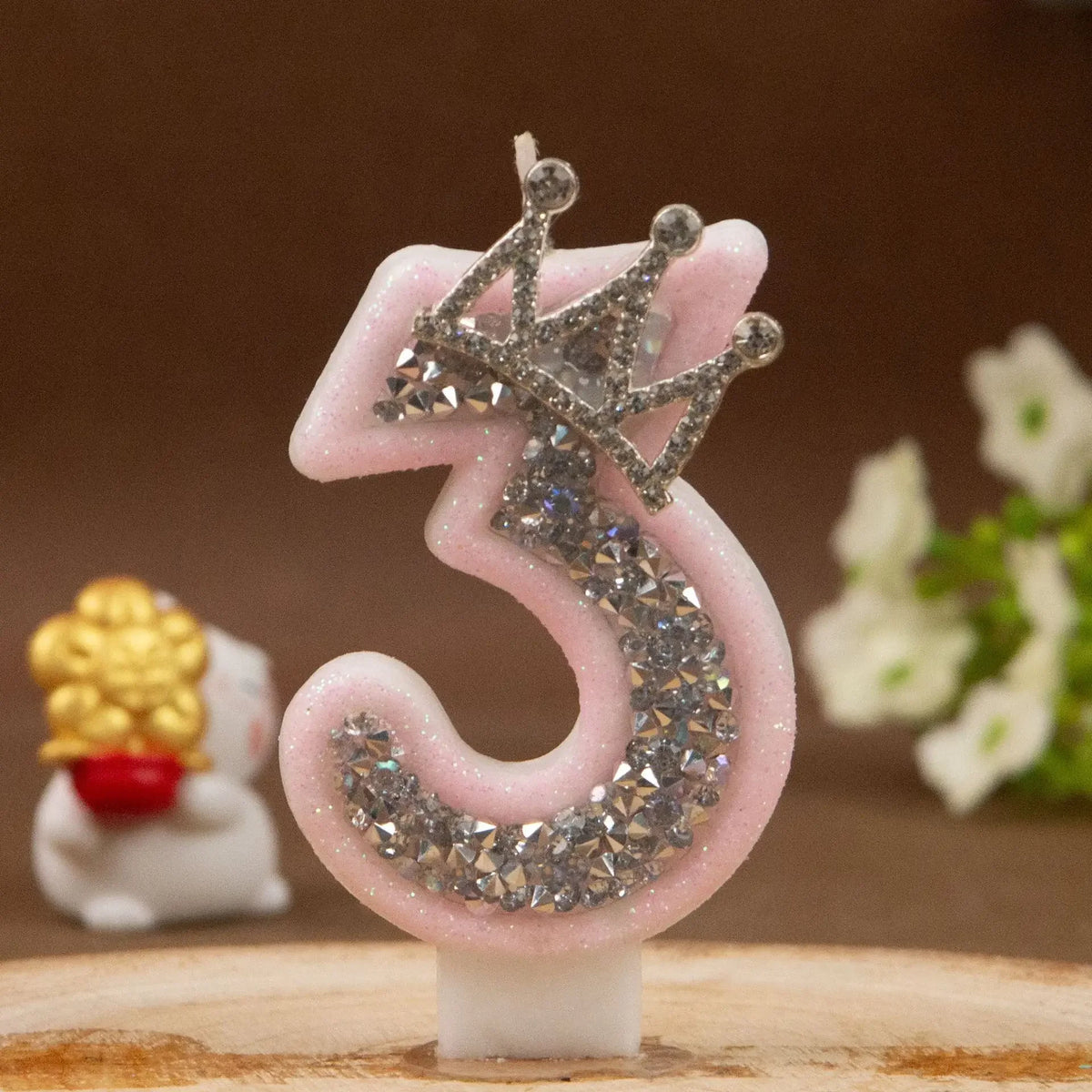 0-9 Pink Glitter Number Candle Silver Rhinestone Crown Kids Birthday Zpaxo Digit 3 B15257D