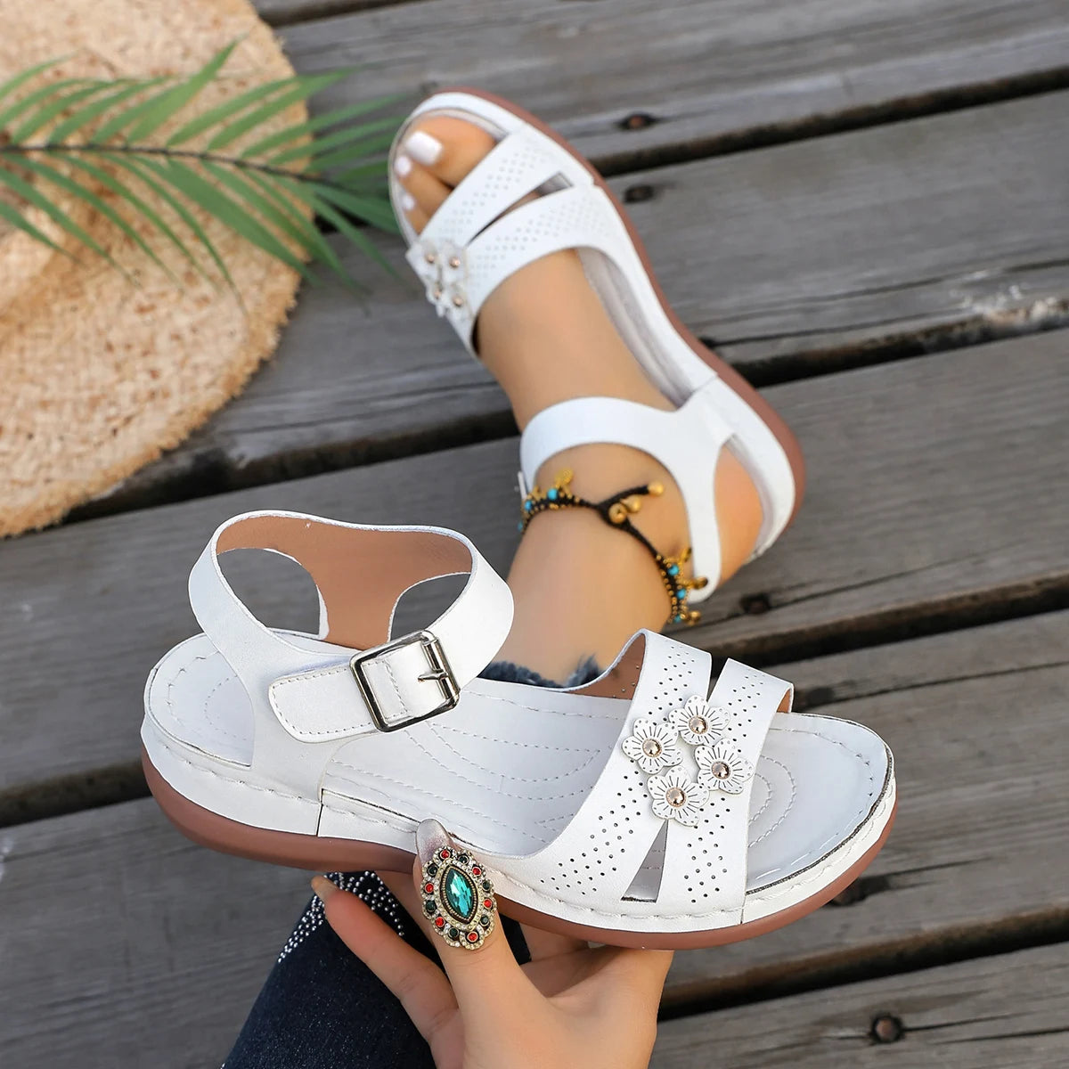 Women Sandals Plus Size Ankle Buckle Wedge Shoes Woman Retro Flower Platform Sandals Women Comfort Non Slip Orthopedic Shoes Zpaxo WHITE 43