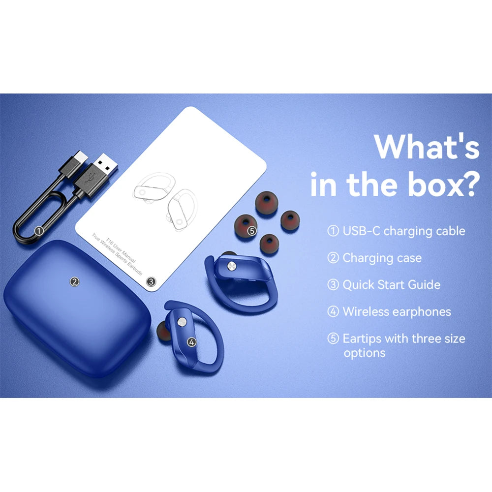 Wireless Earbuds Bluetooth Headphones 48hrs Play Back Sport Earphones Zpaxo T16 Blue