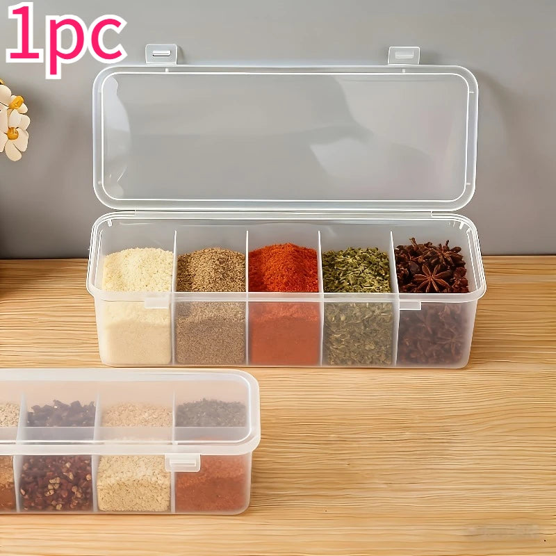 5-Compartment Spice Storage Box Lid Large Organizer Salt Pepper