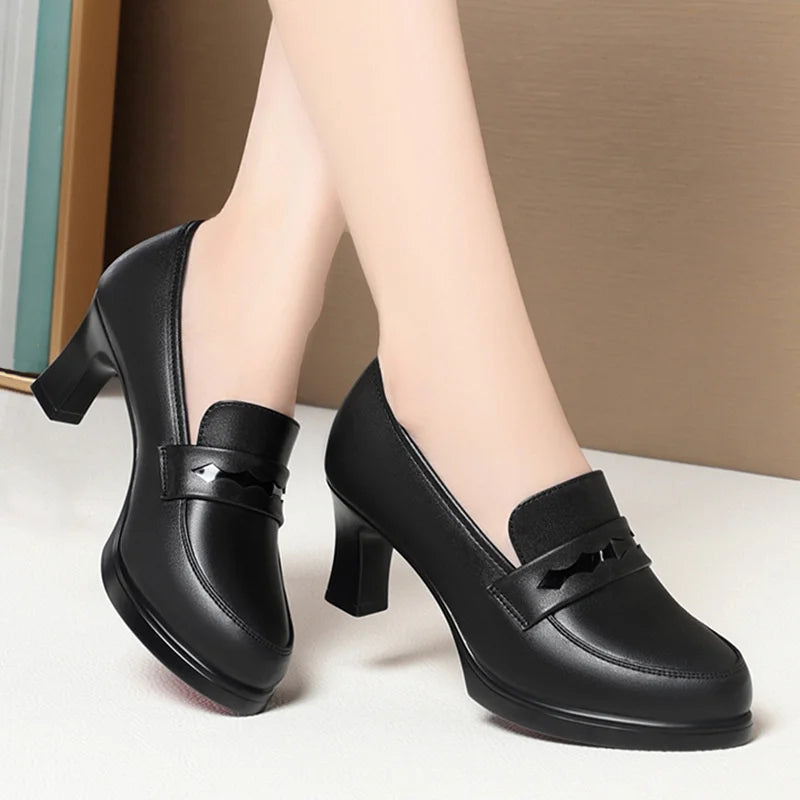 Cheongsam Shoes Heels Work Women's Black Loafer Catwalk Leather Zpaxo