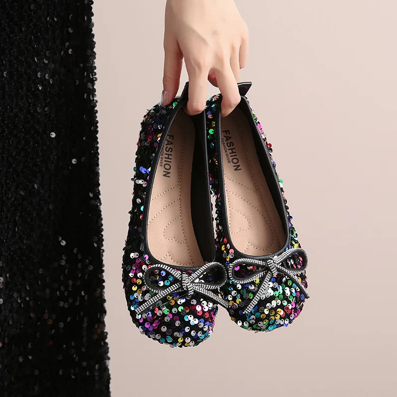 2026 Women Bling Flats Shoes Casual Walking Spring Round Toe Bowtie