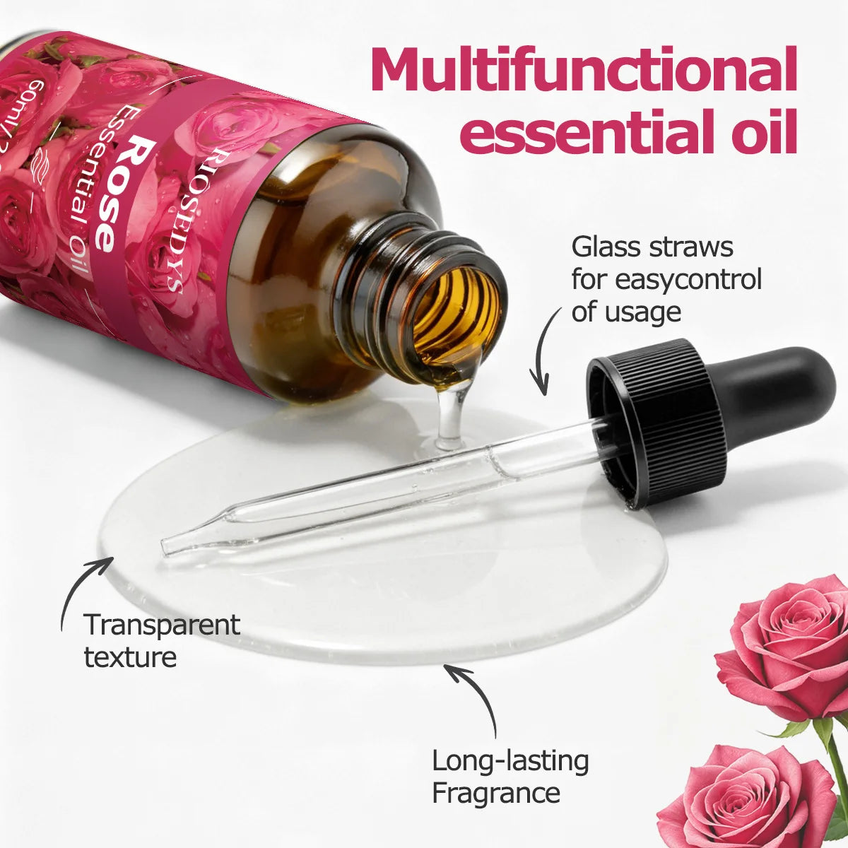 60ml ROSE ESSENTIAL OIL is a has deep nourishing moisturizing effects, making it suitable for massage, skin care, and hydration. Zpaxo