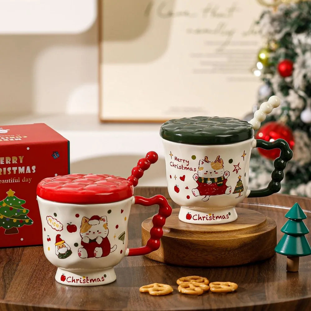 Christmas Cat Appearance Level Mark Ceramic Water Cup Lid Spoon Cute