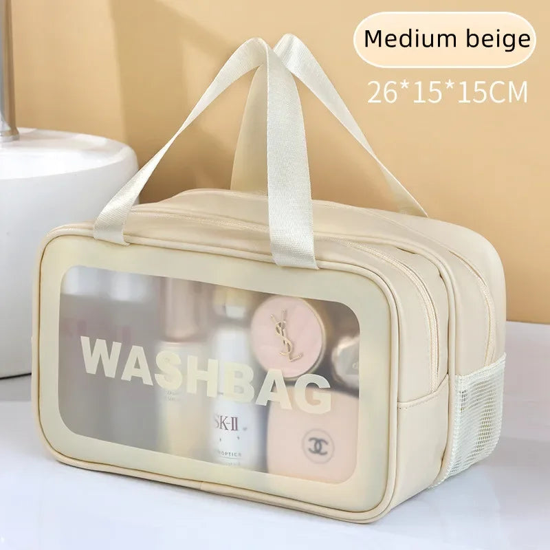 Dry-wet separation double transparent PU makeup bag portable washing bag cosmetic storage bag travel fitness swimming essentials Zpaxo Medium beige