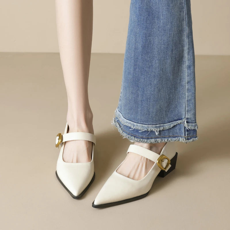 Women French Pointed Toe Mary Jane Shoes Block Heel 2025 Single Strap Zpaxo