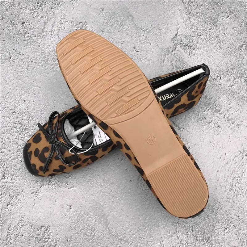 Flat Shoes for Women 2024 New Autumn Bow Temperament Square Toe Leopard shoes Black Luxury Casual Women's Shoes Zpaxo