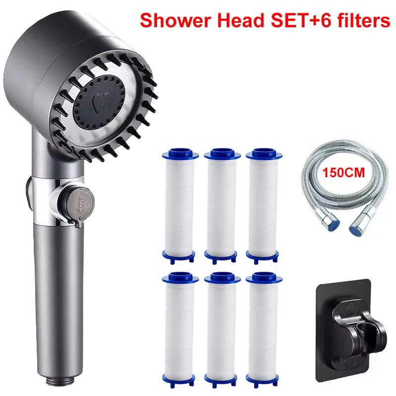 4 Modes Showerhead Pressure Shower Head Water Filtration Massage Zpaxo Grey Set B