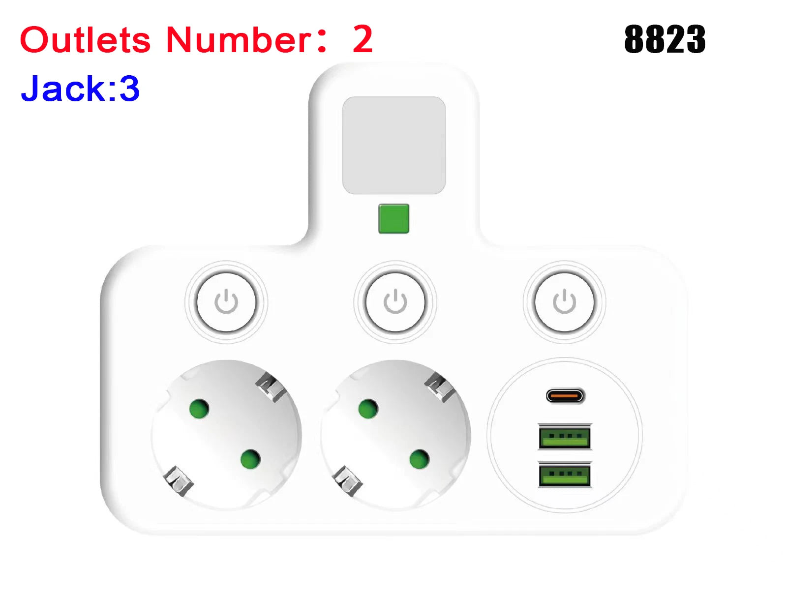 EU Power Strip with USB-C, Multiple AC Outlets & Switches EU Power Strip Zpaxo 8823 White EU Plug