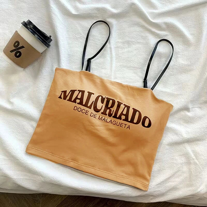 Sexy Crop Tops Women Summer Shirring Sleeveless Slim Camis Tops Bodycon With Chest Pad Letter Fashion Casual Soft Tops Female Zpaxo apricot Uniform size