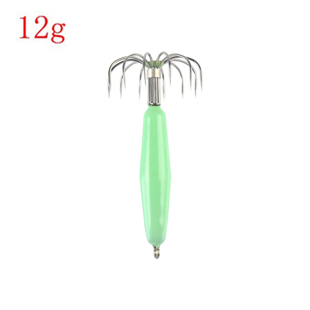 12 Claw Squid Hooks Portable Glow Dark Cuttlefish Jig Fluorescent