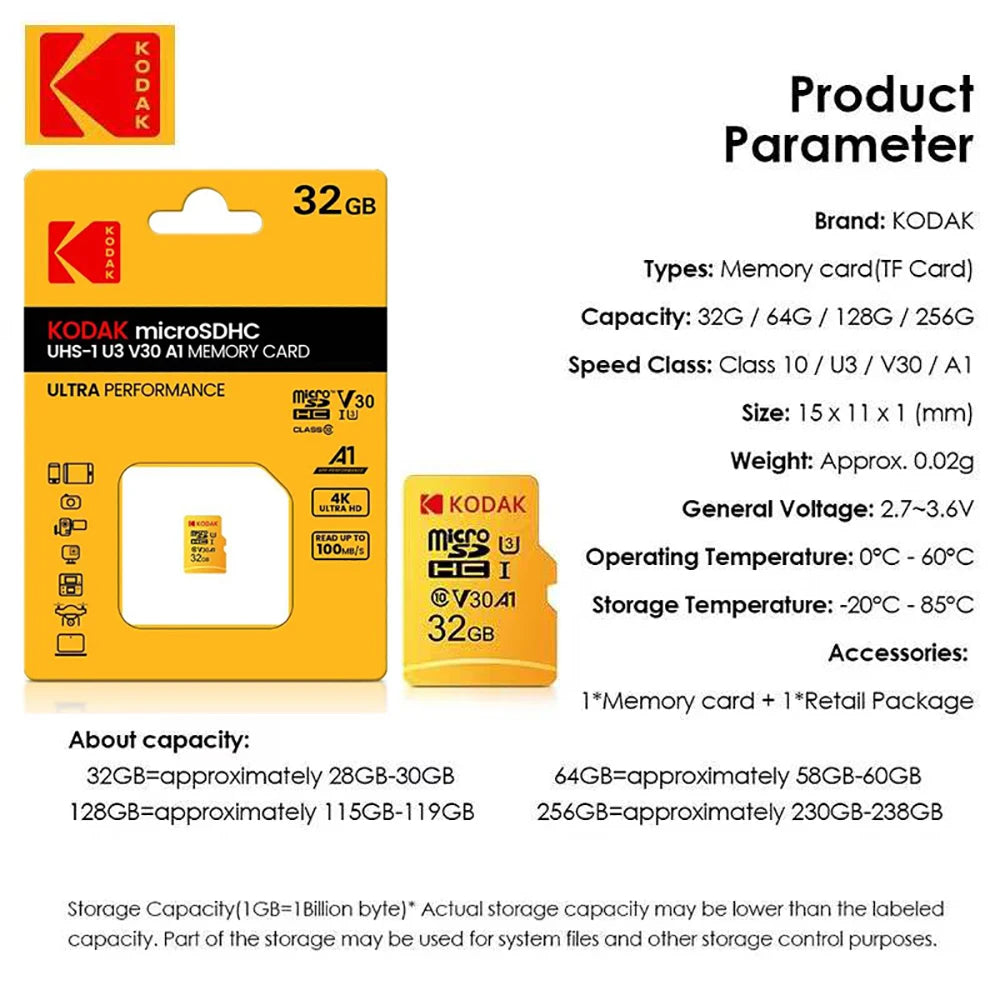 Kodak Micro SD Card 64GB 32GB Memory Card 512GB 256GB 128GB MicroSDXC Class10 SD Memory Card 100MB/s Original TF Flash Card U3 Zpaxo
