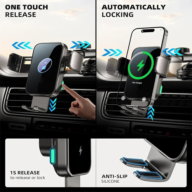 UYUXIO Wireless Car Charger 66W Fast Charging Auto Clamping Air Vent