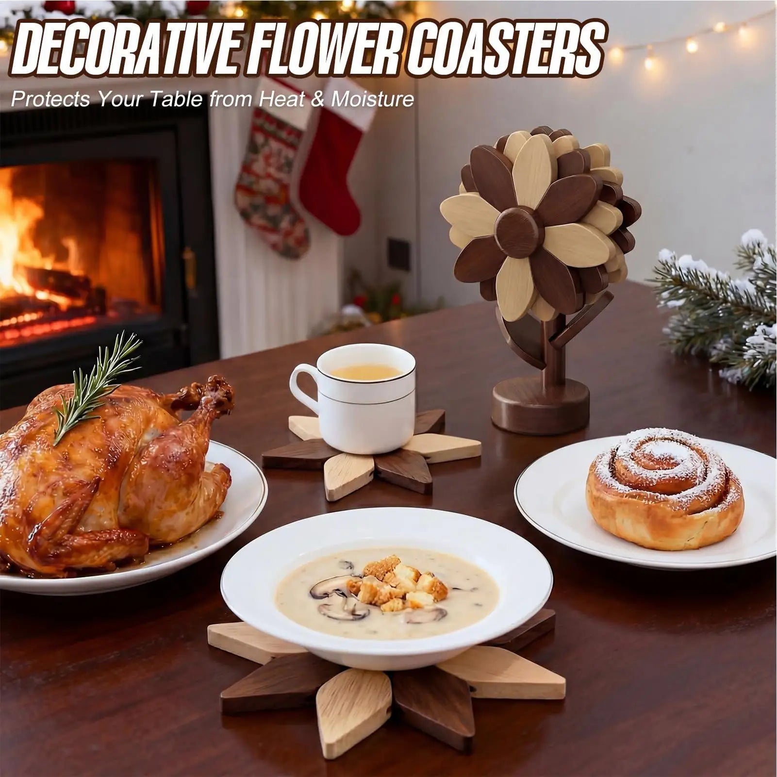Wooden Trivets Foldable Decorative Sunflower Shaped Tabletop Protector Wooden Trivet Set for Counter Table Countertop Oven Zpaxo